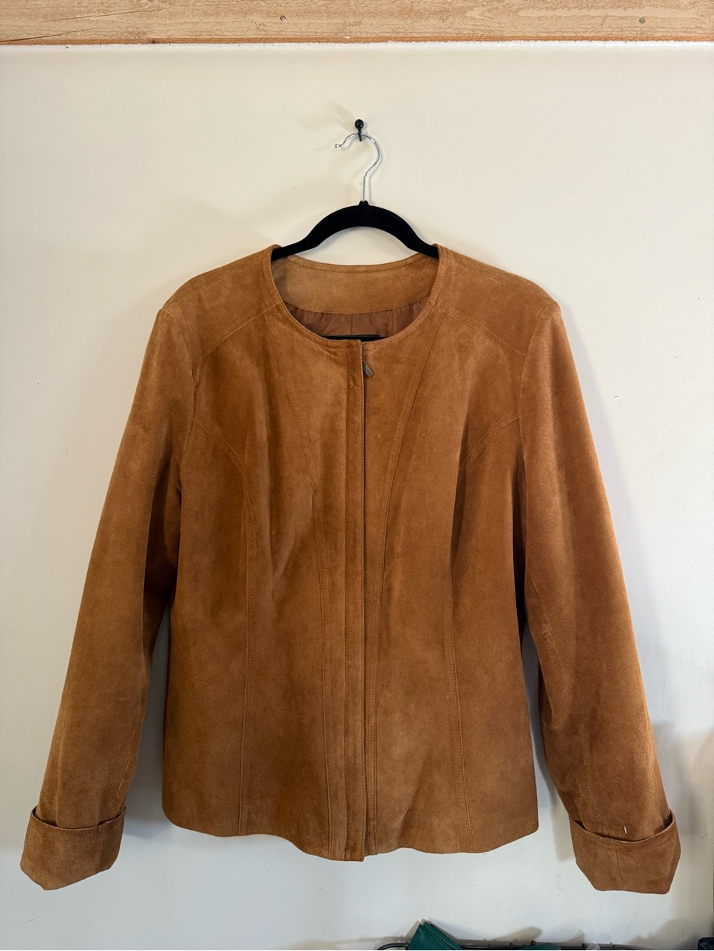 Genuine Leather Suede Tan Zip Up Structured Jacket by the brand Alfani Xl
